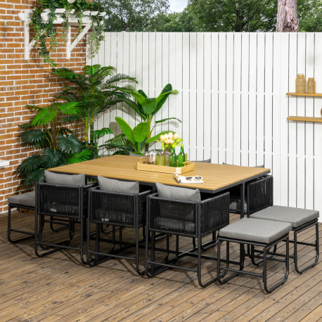 Outsunny 10 Seater Rattan Cube Garden Furniture Set, Rattan Dining Set with Cushions, Outdoor Dining Table and Chairs with 6 Arm