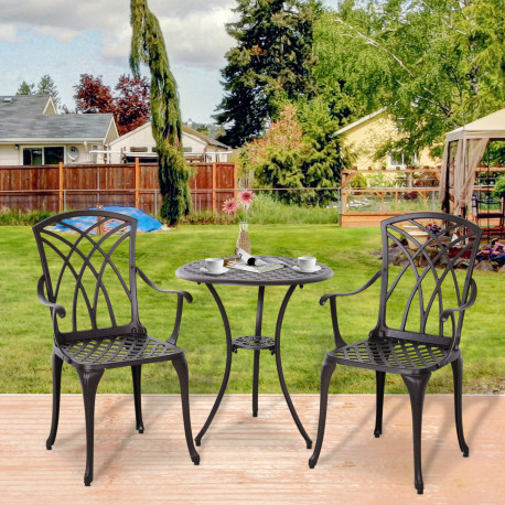 Outsunny 3 Pieces Garden Dining Set for 2, Cast Aluminium Outdoor Dining Set with 2 Armchairs and Round Dining Table with Paraso