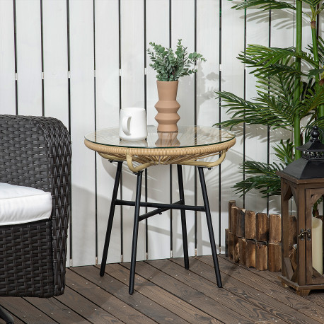 Outsunny Rattan Side Table, Round Outdoor Coffee Table, with Round PE Rattan and Tempered Glass Table Top for Patio, Garden, Bal