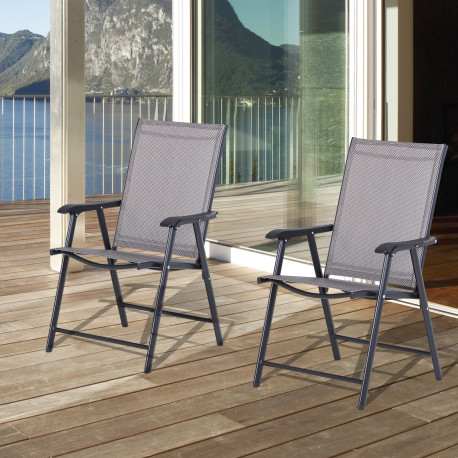 Outsunny Set of 2 Folding Garden Chairs, Metal Frame Garden Chairs Outdoor Patio Park Dining Seat with Breathable Mesh Seat, Gre