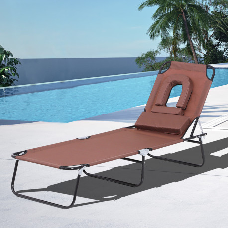 Outsunny Outdoor Foldable Sun Lounger, 4 Level Adjustable Backrest Reclining Sun Lounger Chair with Pillow and Reading Hole, Bro