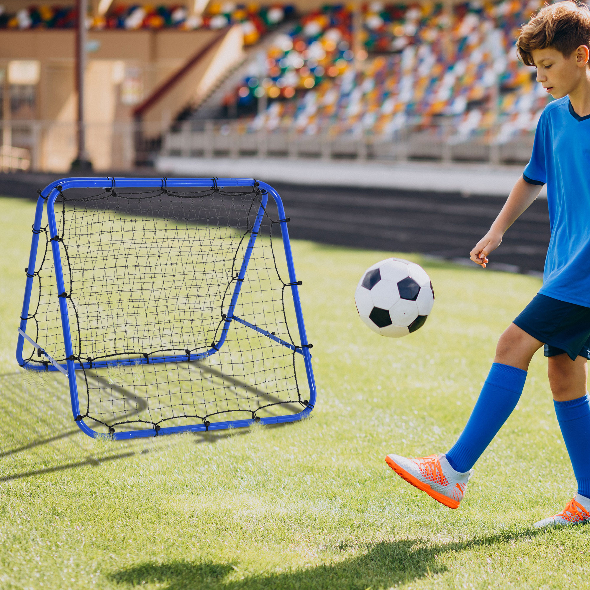 Double Sided Football Rebounder Net, Football Rebound Goal with Five Adjustable Angles, Blue