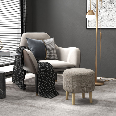 Round Linen-Look Storage Ottoman - Light Grey