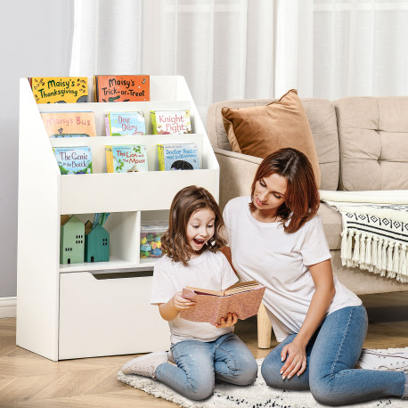 Kids Bookshelf, Toy Organiser, with Storage Drawer, Wheels - White