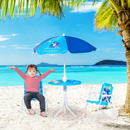 Outsunny Kids Outdoor Bistro Table and Chair Set, Folding Garden Furniture w/ Shark Design, Removable, Adjustable Sun Umbrella, 