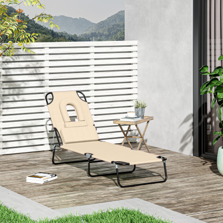 Outsunny Outdoor Foldable Sun Lounger, 4 Level Adjustable Backrest Reclining Sun Lounger Chair with Pillow and Reading Hole, Bei