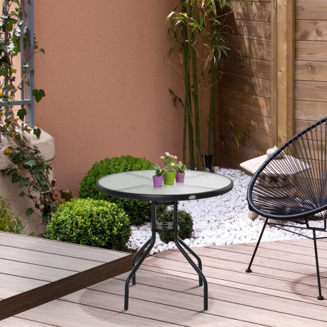 Outsunny Bistro Table Outdoor Round Dining Coffee Table with Parasol Hole, Tempered Glass Top Side Table Patio Garden - 80cm Dia