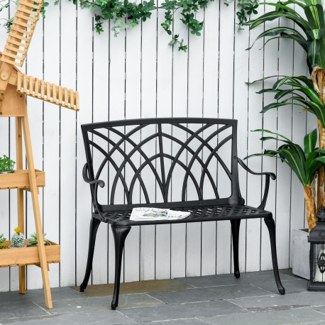 Outsunny 2-Seater Cast Aluminium Garden Bench Loveseat Outdoor Furniture Chair w/ Decorative Backrest & Ergonomic Armrest for Pa