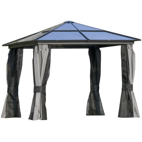 Outsunny 3 x 3(m) Hardtop Gazebo Canopy with Polycarbonate Roof, Aluminium Frame, Permanent Pavilion Garden Gazebo with Netting 