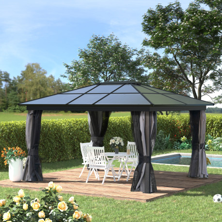 Outsunny 3.6 x 4m Hardtop Gazebo Canopy with Polycarbonate Roof, Aluminium Frame, Permanent Pavilion Garden Gazebo with Netting 