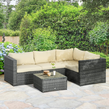 Outsunny 3 Pieces PE Rattan Garden Furniture Set with 10 cm Thick Cushions, 4 Seater Garden Corner Sofa Set with Glass Top Coffe