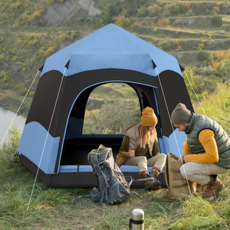 Outsunny Double Layer Dome Tent with Rainfly and Welded Floor, 4 Man Hexagon Pop Up Tent, Portable Camping Shelter with Hang Hoo
