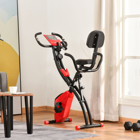 2-in-1 Folding Exercise Bike with 8-Level Magnetic Resistance, Arm Resistance Band, Pulse Sensor, Red