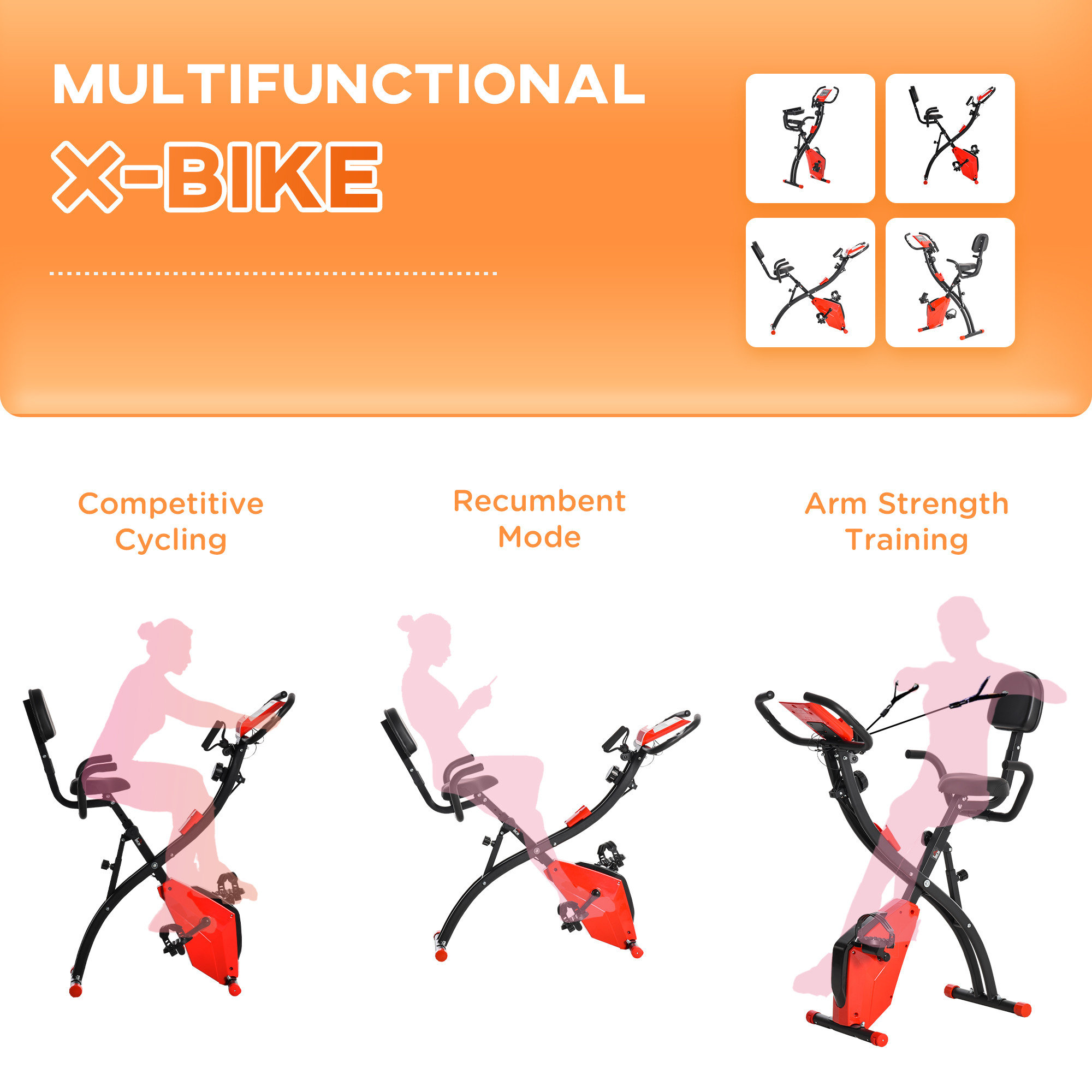 2-in-1 Folding Exercise Bike with 8-Level Magnetic Resistance, Arm Resistance Band, Pulse Sensor, Red