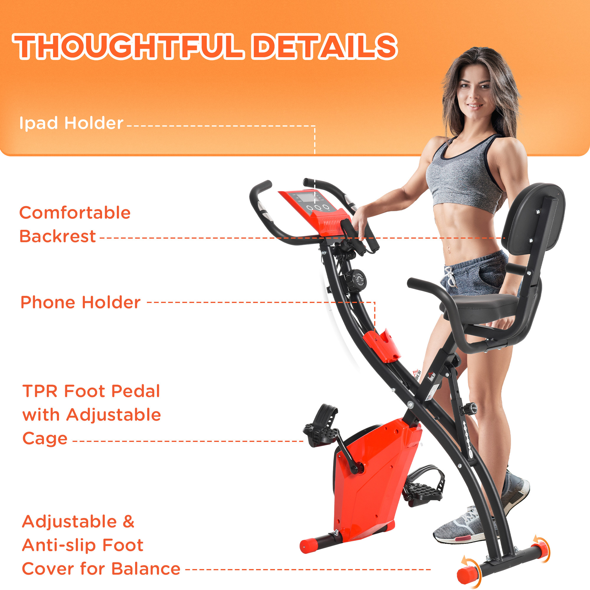 2-in-1 Folding Exercise Bike with 8-Level Magnetic Resistance, Arm Resistance Band, Pulse Sensor, Red