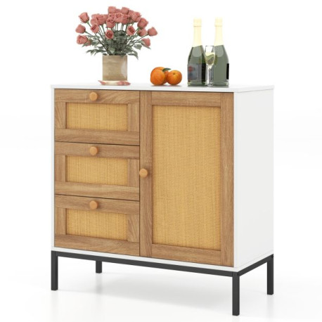 Rattan Sideboard Buffet Cabinet with 1 Door and 3 Drawers