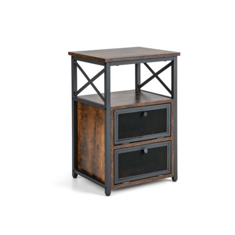 Industrial Bedside Nightstand with 2 Flip Drawers and Open Shelf