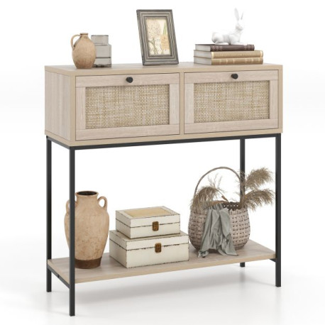 2-Tier Console Table with Rattan Drawers and Open Storage Shelf