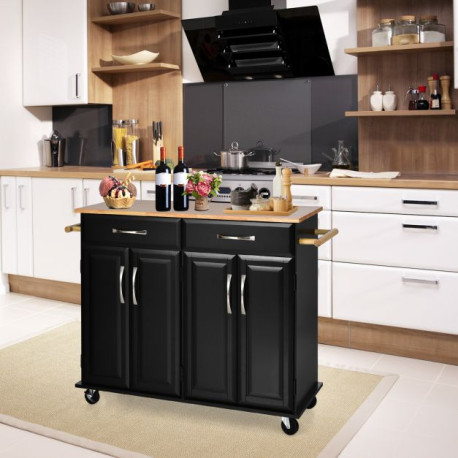 Kitchen Island on Lockable Wheels with Rubber Wood Countertop