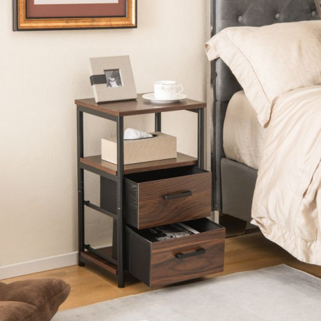 Metal Frame Bedside Table with Open Shelf and 2 Drawers