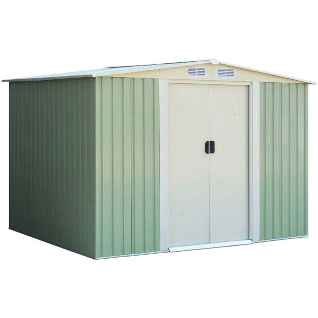 Metal Storage Shed with Sloping Roof Sliding Doors and Air Vents