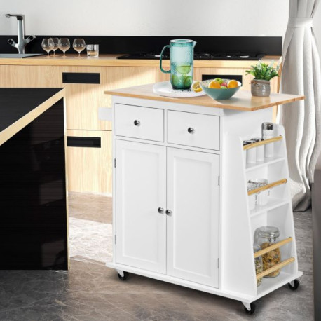 Kitchen Island with Rubber Wood Countertop and Storage on Wheels