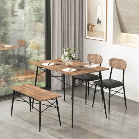 4 Piece Dining Table Set with Bench and Faux Leather Chairs