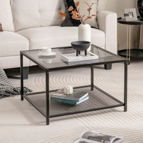 Modern 2-Tier Square Glass Coffee Table with Storage
