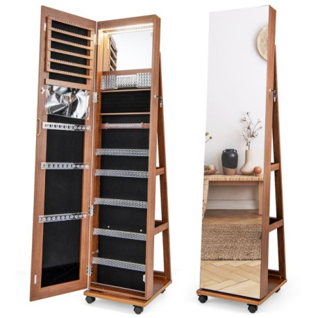 Lockable Jewelry Cabinet Armoire with Built-in Makeup Mirror and 3-Color LED Lights