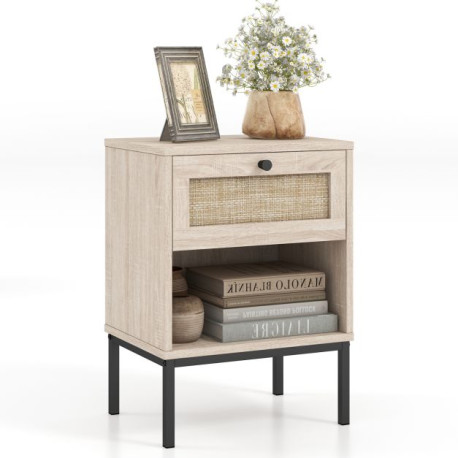 Boho Style Nightstand with Rattan Drawer and Open Shelf
