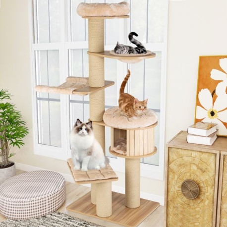 Modern Tall Cat Tree Tower with Wooden Cat Condo