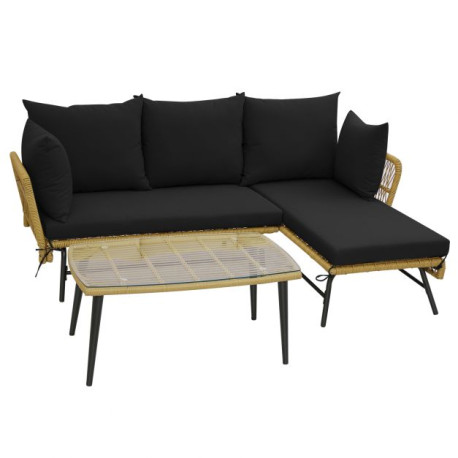 3 Pieces L-Shaped Patio Conversation Set with Tempered Glass Table