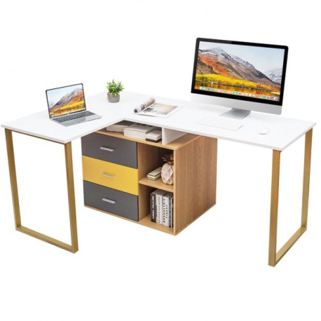 L-Shaped Computer Desk for Two Person with 3 Storage Drawers and Shelves