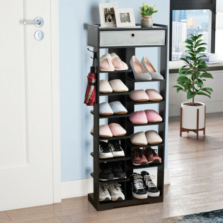 7+6 Tier Wooden Shoe Rack with Drawer and Hooks