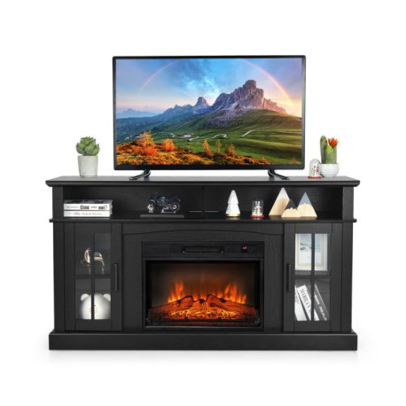 58 Inch Rustic Fireplace TV Stand with 2 Open Storage Compartments