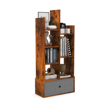 7-Tier Wooden Bookshelf with Folding Drawer for Study Living Room
