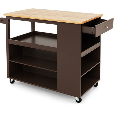 Mobile Serving Trolley Cart with Rubber Wood Top and Drawer