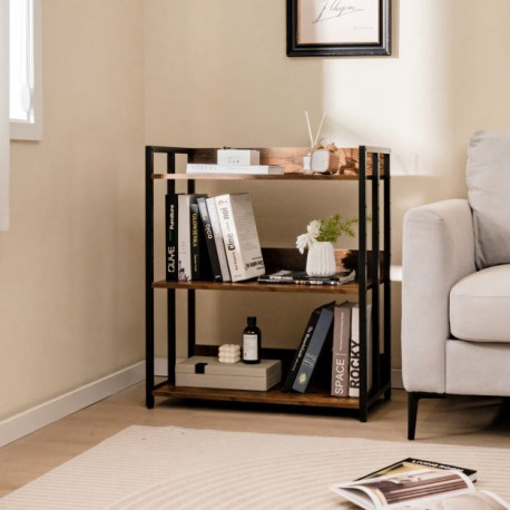 3-Tier Bookshelf with Adjustable Shelves and Metal Frame