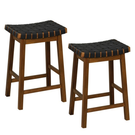 Faux PU Leather Counter Height Stools Set of 2 with Woven Curved Seat