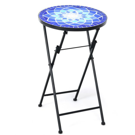 Folding Mosaic Side Table with Ceramic Tile Top and Non-slip Foot Mat