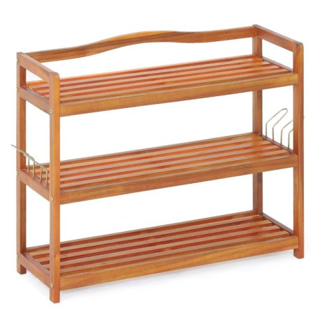 Solid Acacia Wood Shoe Rack Shelf with Side Metal Hooks