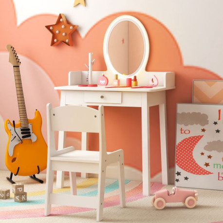 Kids Vanity Set Makeup Beauty Dressing Table and Chair with Lighted Mirror