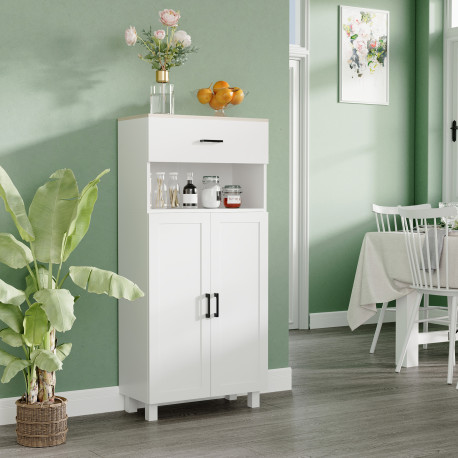 Freestanding Kitchen Cupboard, Nordic Storage Cabinet with Drawer, Doors and Open Countertop for Living & Dining Room, 130cm, Wh