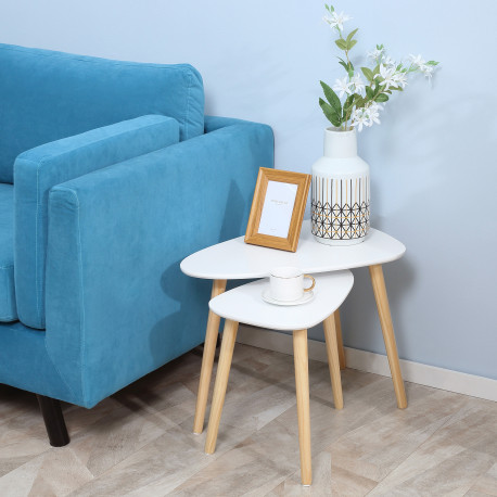 Nesting Coffee Table, Set of 2 Side Tables, Stacking End Tables with Solid Wood Legs, for Living Room Bedroom, White