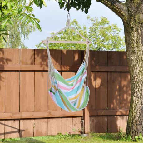 Outsunny Outdoor Hanging Rope Chair with Cotton Rope, Garden Hammock Chair with Wooden Support Bar Cotton Cloth, Portable Garden