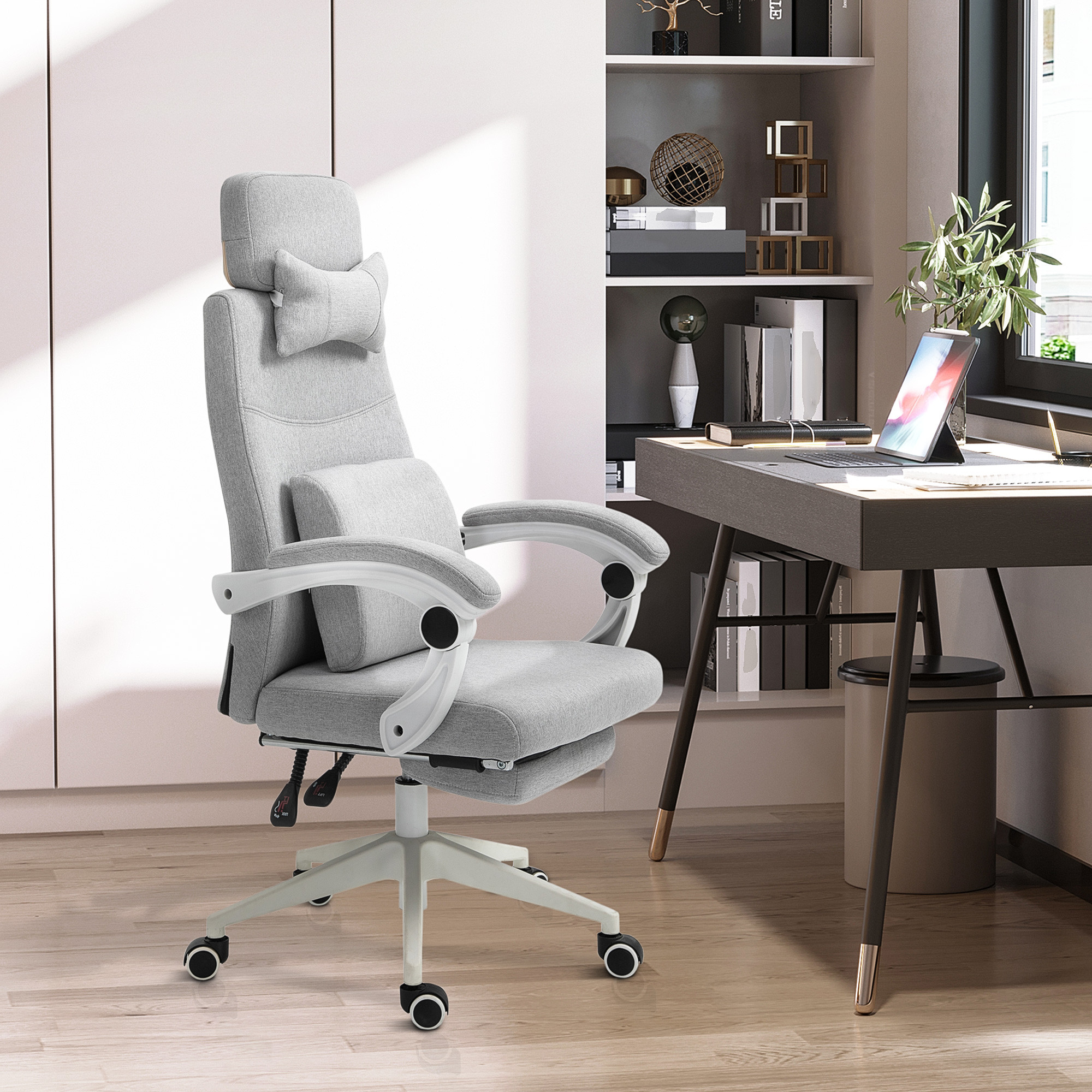 Vinsetto Office Chair, Ergonomic Desk Chair, High Back Fabric Work Chair with 160&deg; Reclining Backrest, Retractable Footrest, Nec