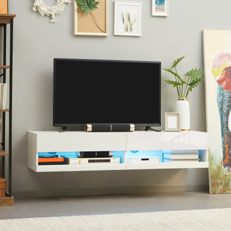 Floating TV Unit, Wall Mounted TV Cabinet for TVs up to 65", High Gloss Media Wall Unit with LED Lights, Storage Shelves for Liv