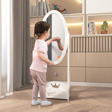Free Standing Full Length Mirror, Child's Dressing Mirror with storage shelf, Children's White Bedroom Furniture 360° Rotation M
