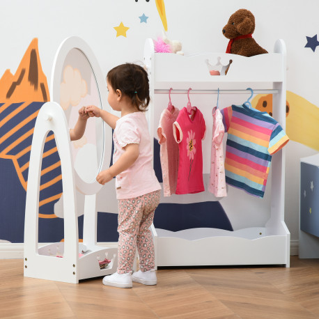 Kids Clothes Rail and Mirror Set 360° Rotation Free Standing Full Length Mirror and Hanging Rack with Storage Shelves Child's Dr