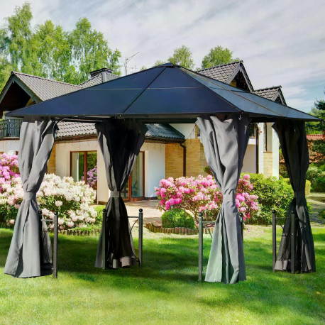 Outsunny 3 x 3(m) Hardtop Gazebo Canopy with Polycarbonate Roof, Steel & Aluminium Frame, Garden Pavilion with Mosquito Netting 